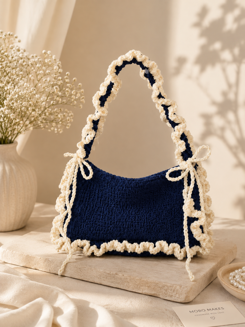 Luxury Handcrafted Navy Blue Crochet Shoulder Bag | Elegant Ruffle Trim Handbag for Women