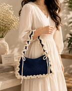 Luxury Handcrafted Navy Blue Crochet Shoulder Bag | Elegant Ruffle Trim Handbag for Women