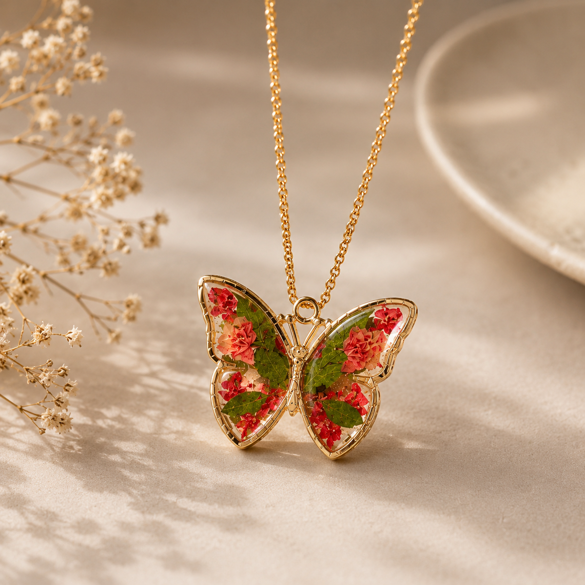 Real Flower Resin Butterfly Pendant Necklace Collection