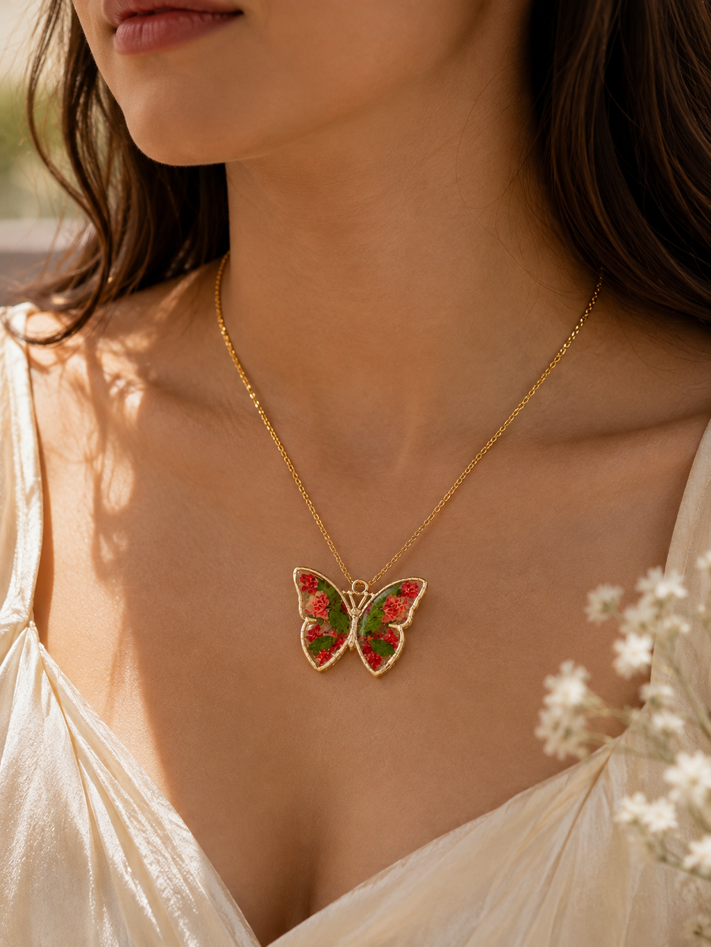 Real Flower Resin Butterfly Pendant Necklace Collection