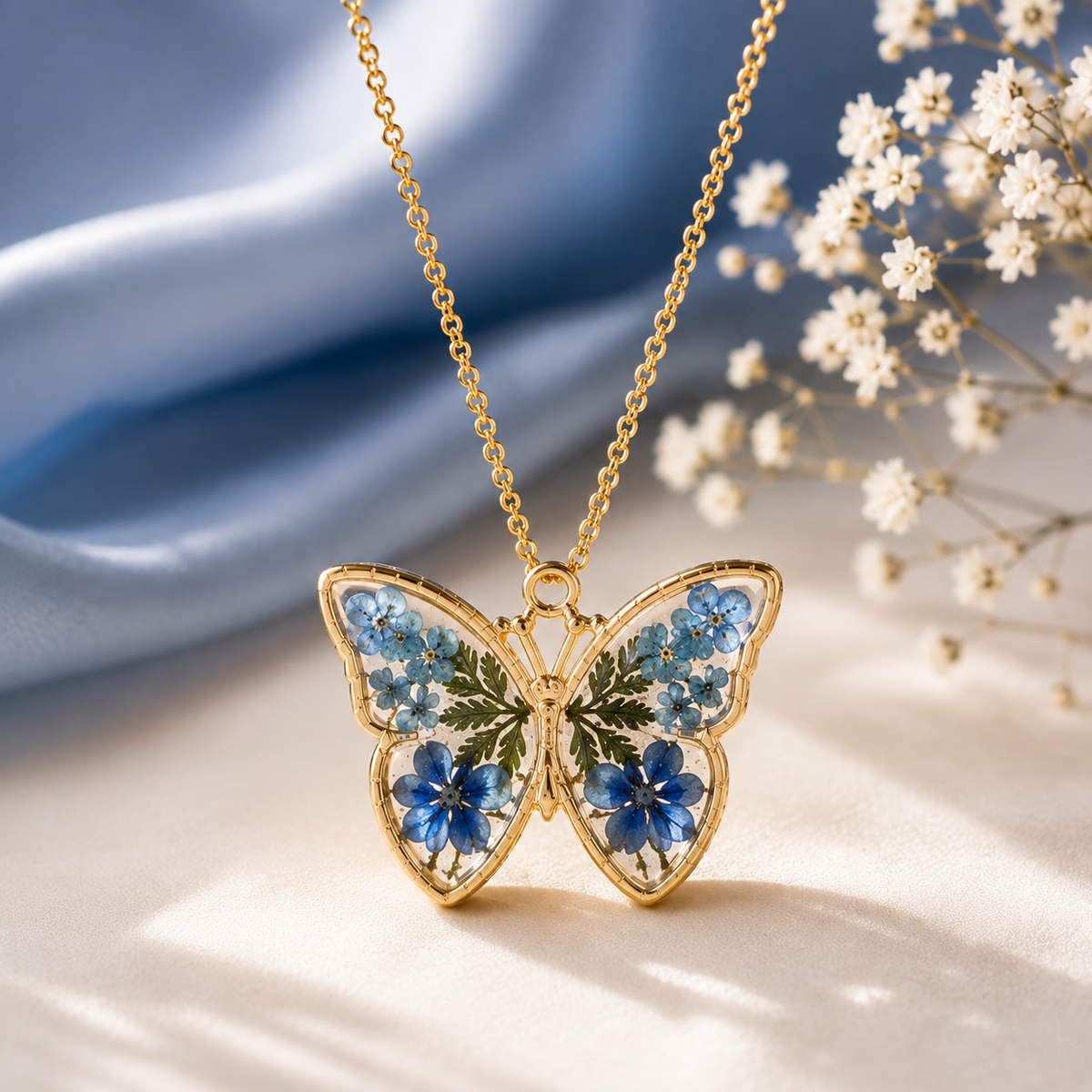 Real Flower Resin Butterfly Pendant Necklace Collection