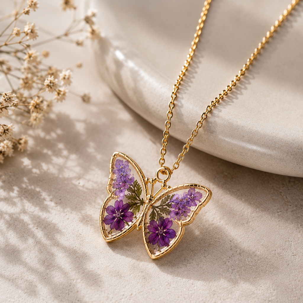 Real Flower Resin Butterfly Pendant Necklace Collection