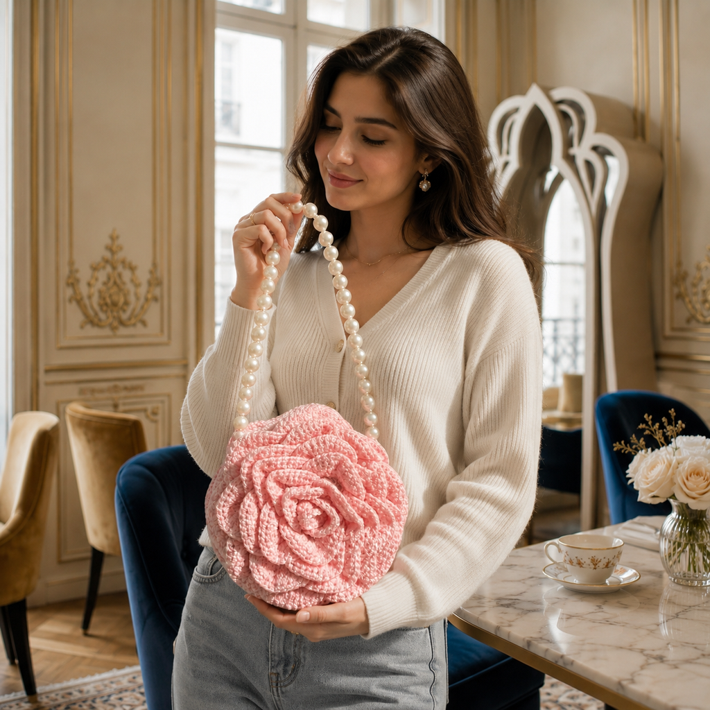 Handcrafted Pink Rose Crochet Bag with Pearl Strap | Mobo Makes