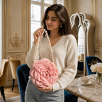 Handcrafted Pink Rose Crochet Bag with Pearl Strap | Mobo Makes