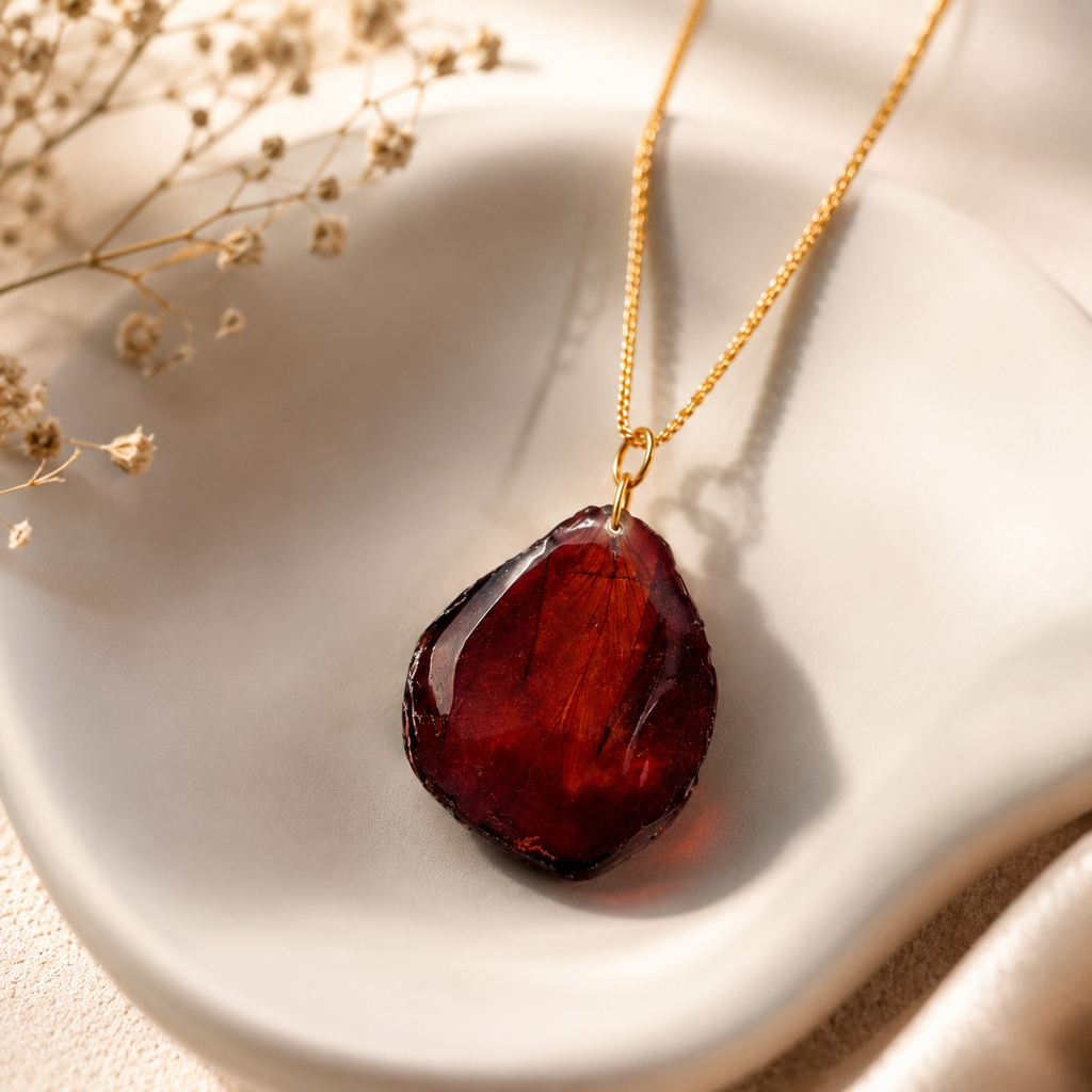Real Pressed Rose Petal Heart Necklace – Dried Flower Resin Pendant | Mobo Makes