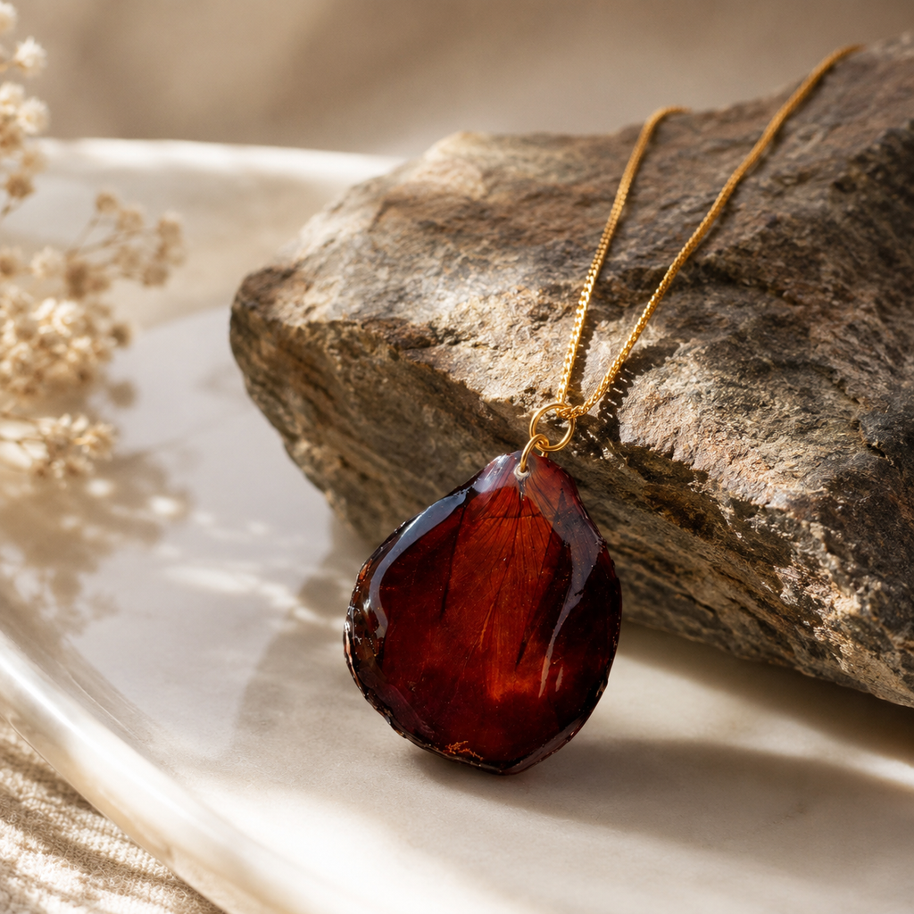 Real Pressed Rose Petal Heart Necklace – Dried Flower Resin Pendant | Mobo Makes