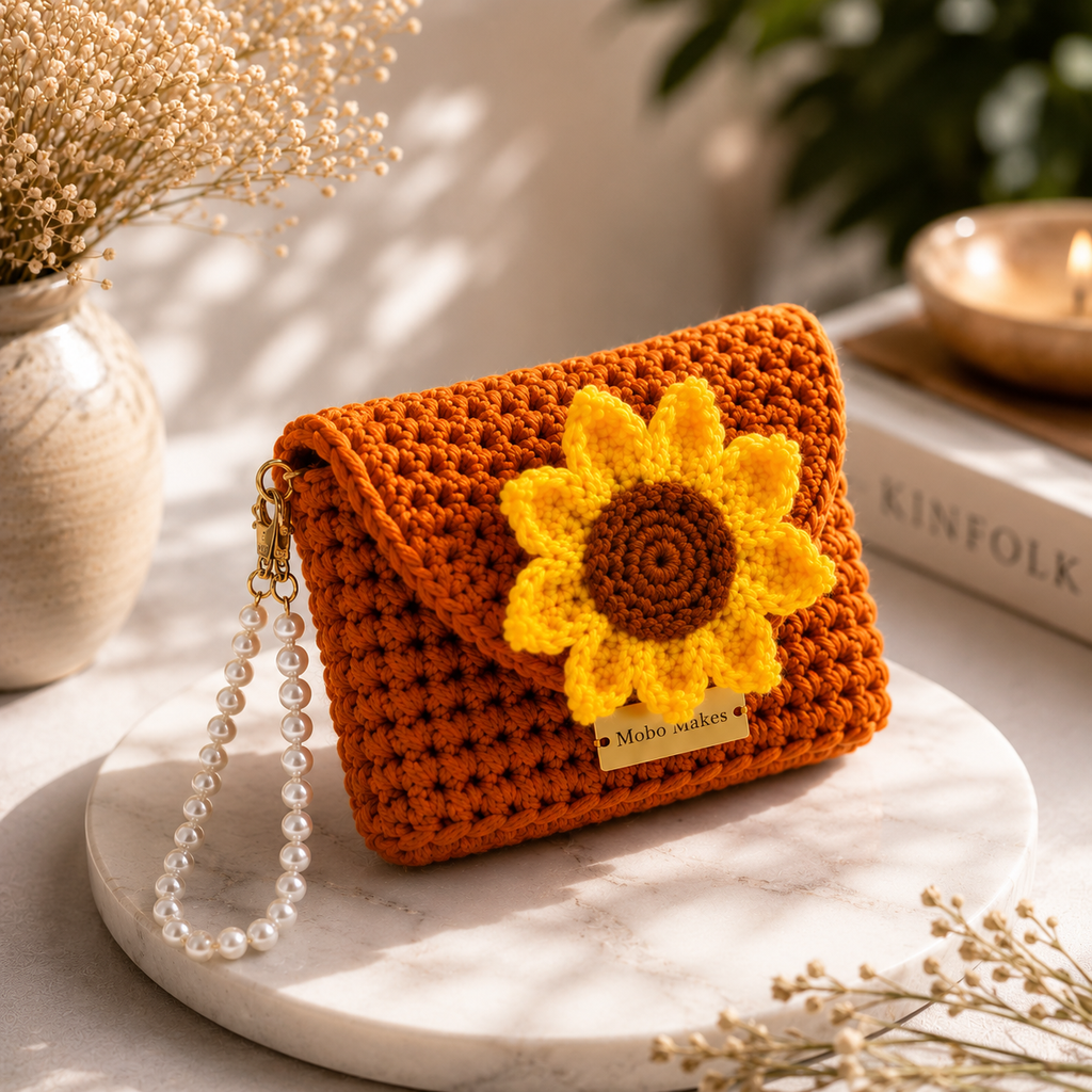 Handmade Crochet Sunflower Pouch Bag (Pack of 1)– Knit Floral Coin Purse Set