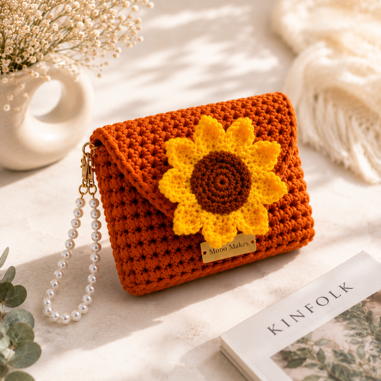 Handmade Crochet Sunflower Pouch Bag (Pack of 1)– Knit Floral Coin Purse Set