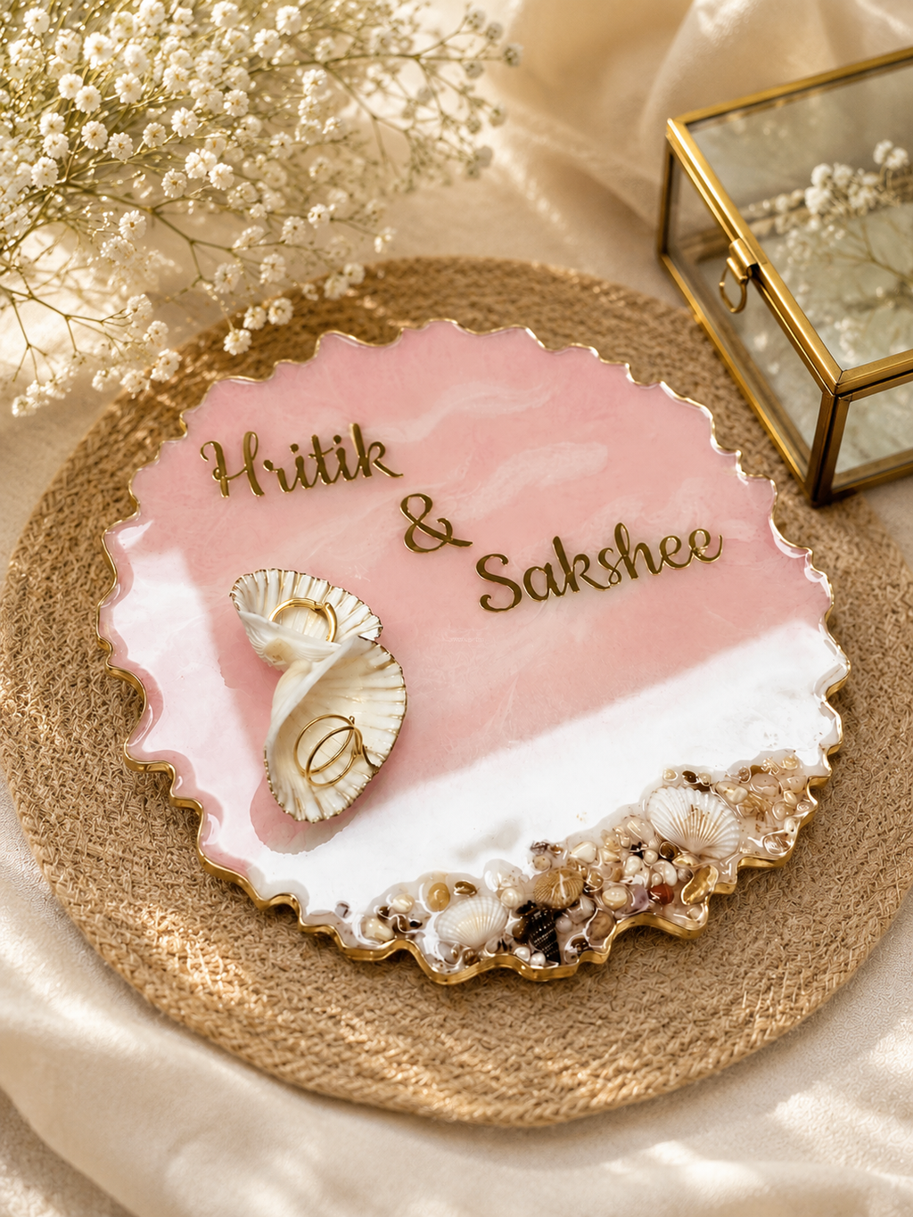 Personalized Resin Engagement Ring Platter with Seashells