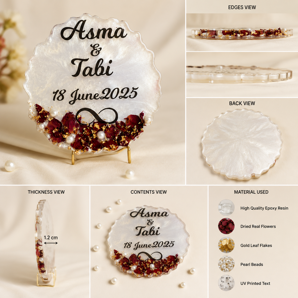 Custom Floral Resin Anniversary Date Coaster Plaque