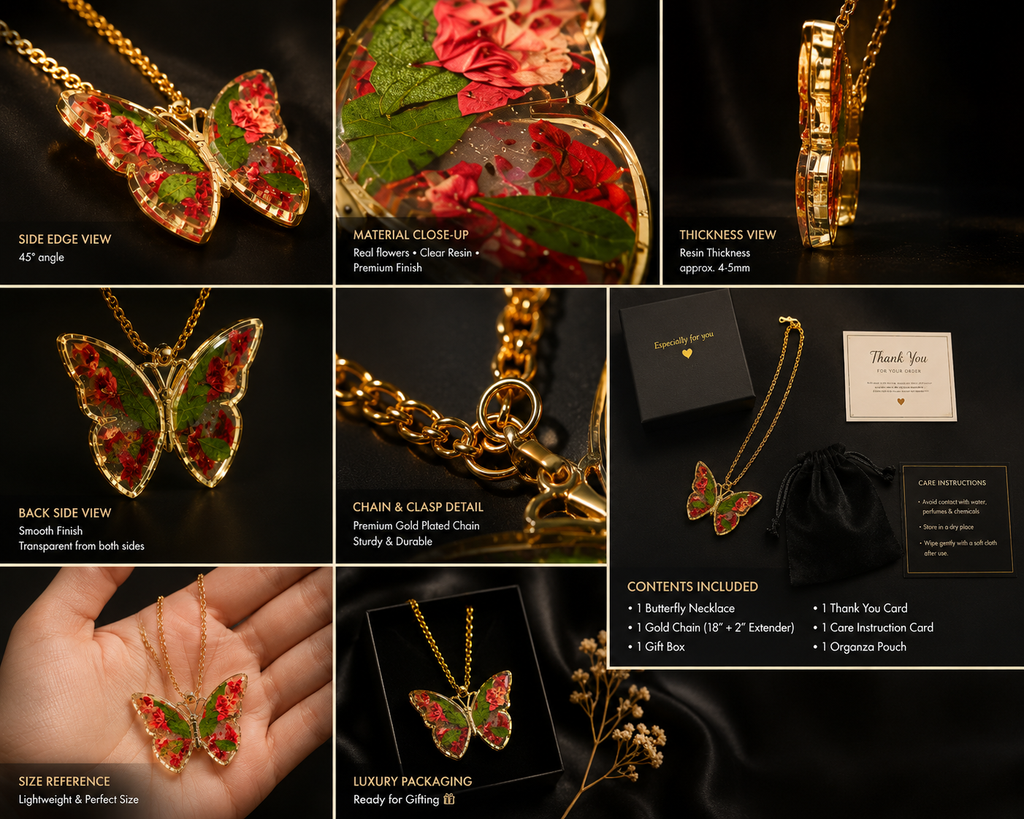 Real Flower Resin Butterfly Pendant Necklace Collection