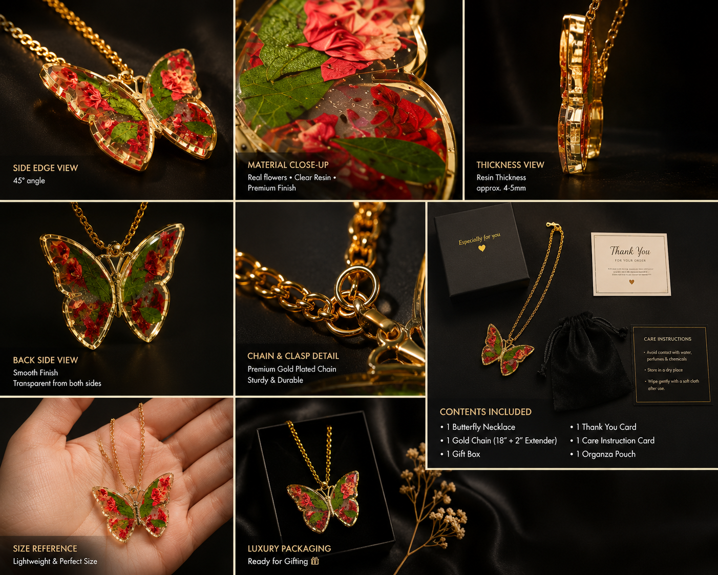 Real Flower Resin Butterfly Pendant Necklace Collection