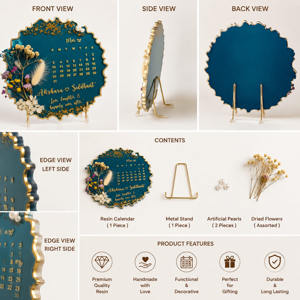 Personalized Resin Calendar Plaque with Preserved Flowers & Custom Names