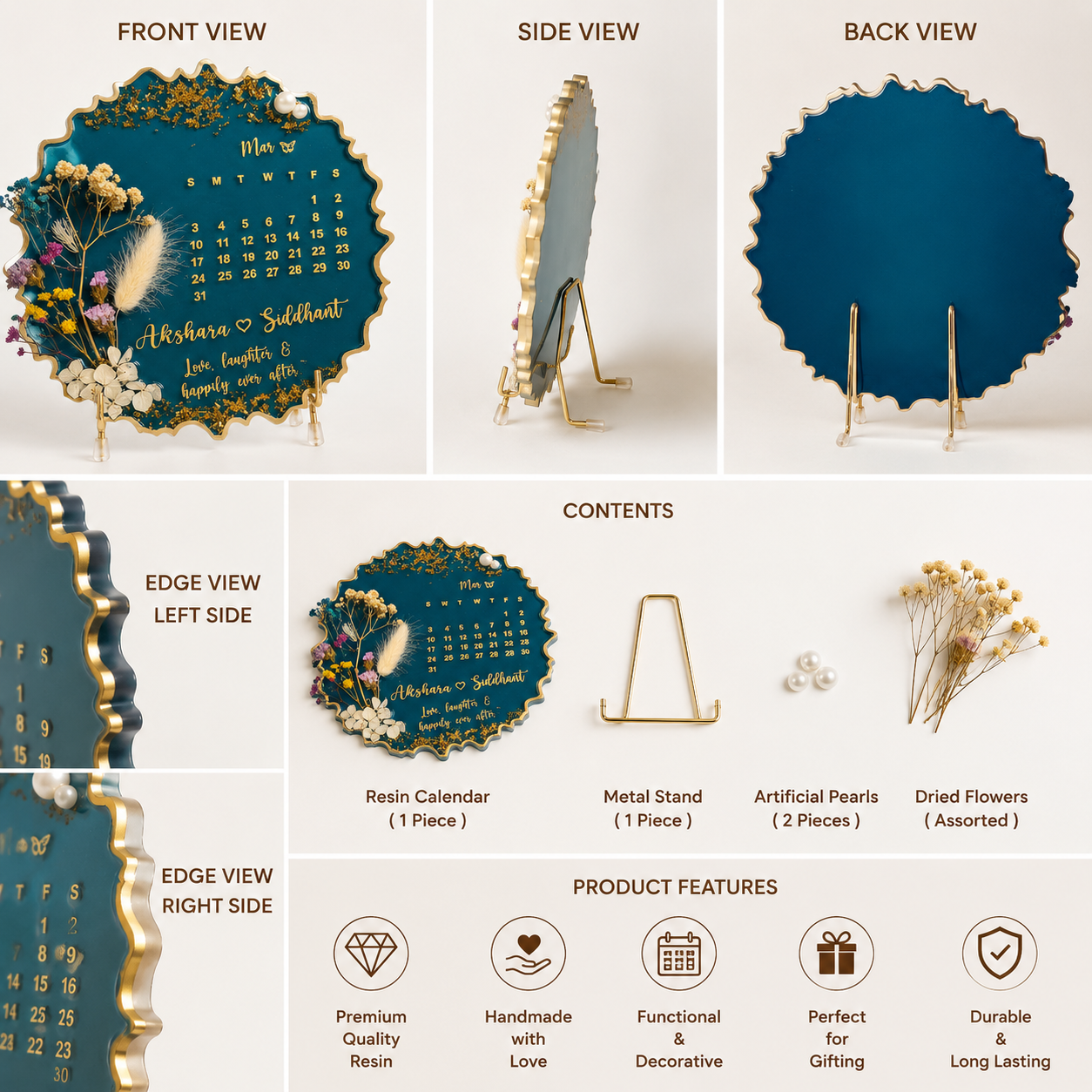 Personalized Resin Calendar Plaque with Preserved Flowers & Custom Names