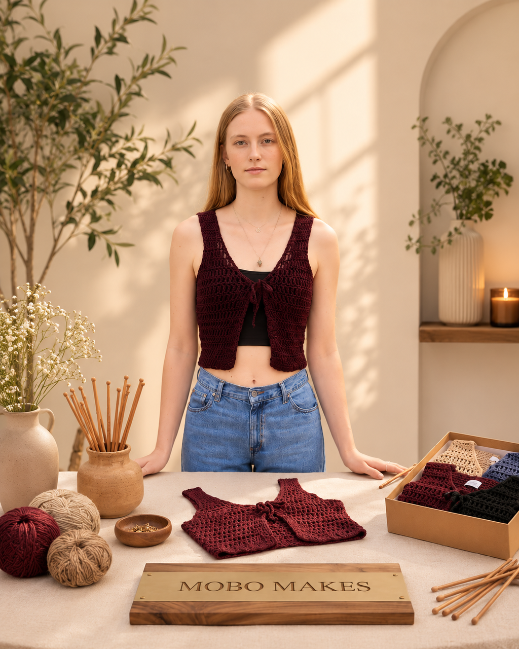 Handmade Crochet Tie-Front Vest – Burgundy Crop Waistcoat Top | Mobo Makes