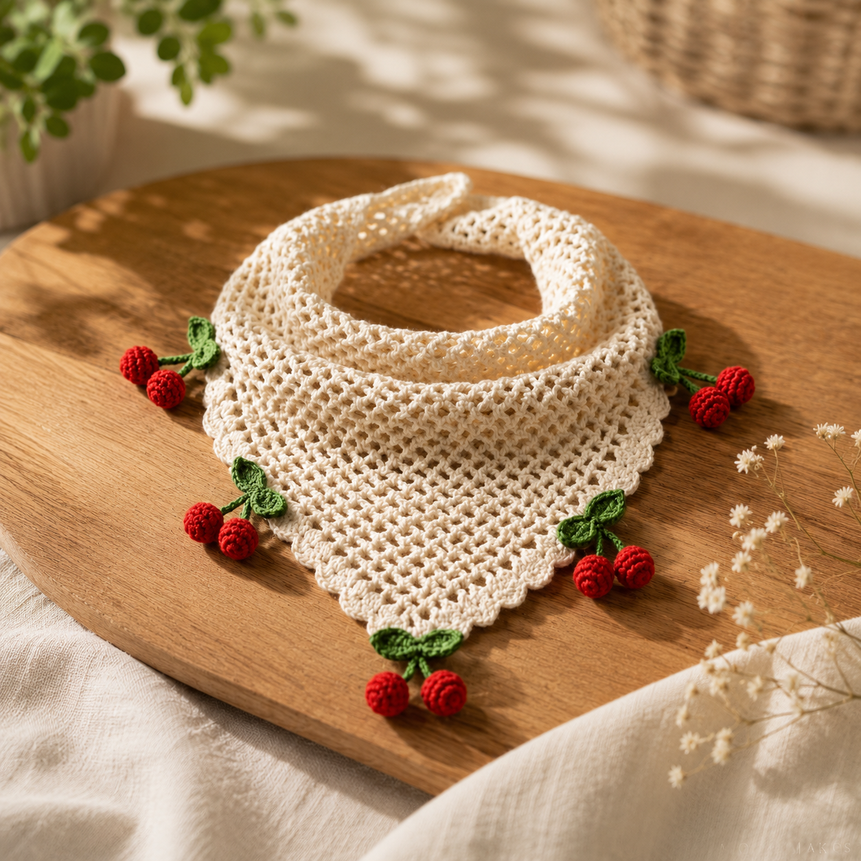 Handmade Crochet Cherry Bandana – Cottagecore Open-Weave Hair Scarf | Mobo Makes