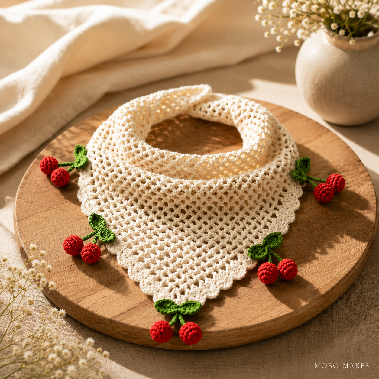 Handmade Crochet Cherry Bandana – Cottagecore Open-Weave Hair Scarf | Mobo Makes