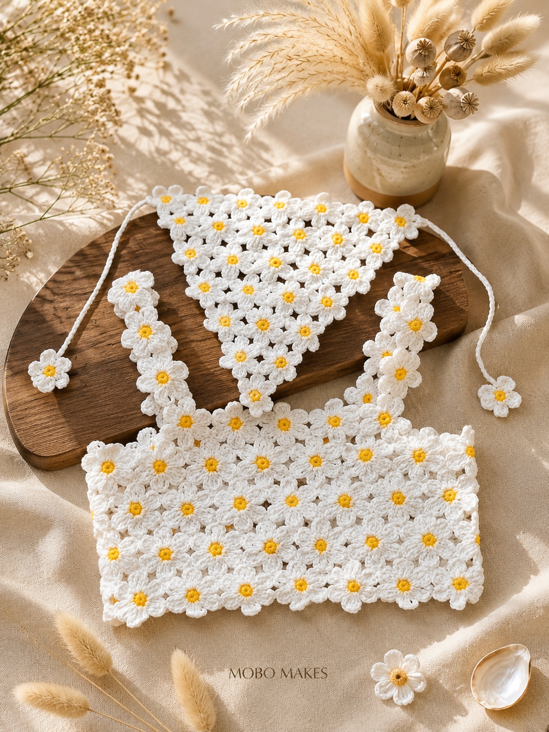 Handmade Crochet Daisy Crop Top & Bandana Set – Cottagecore Floral Two-Piece | Mobo Makes