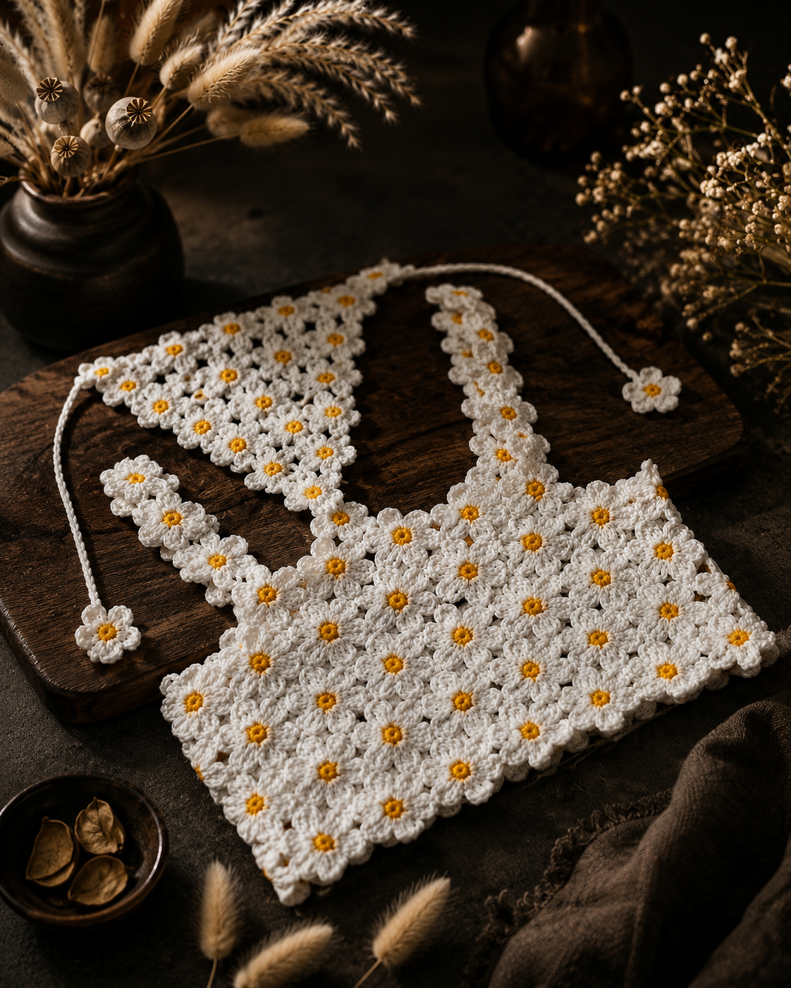 Handmade Crochet Daisy Crop Top & Bandana Set – Cottagecore Floral Two-Piece | Mobo Makes