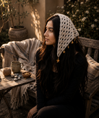 Handmade Granny Stitch Hair Bandana – Whimsigoth Grey Head Scarf with Draping Star Charms