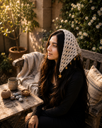 Handmade Granny Stitch Hair Bandana – Whimsigoth Grey Head Scarf with Draping Star Charms