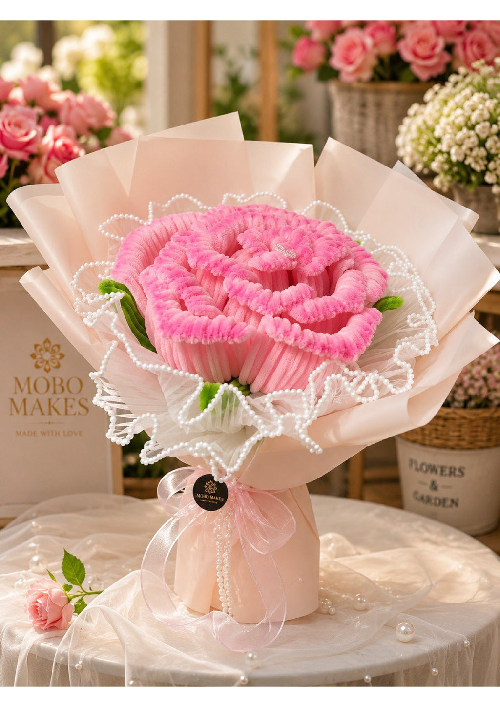 Handcrafted Jumbo Pink Chenille Pipe Cleaner Rose Bouquet | Unique Everlasting Artificial Flower Gift for Anniversaries, Birthdays & Valentine's Day