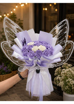 Core Lavender Satin Rose Bouquet – Eternal Handmade Flower Arrangement with Butterfly Wing Wrapping