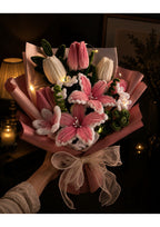Handmade Pipe Cleaner Flower Bouquet | Artificial Pink Lily & Tulip Chenille Stem Arrangement | Unique Everlasting Gift