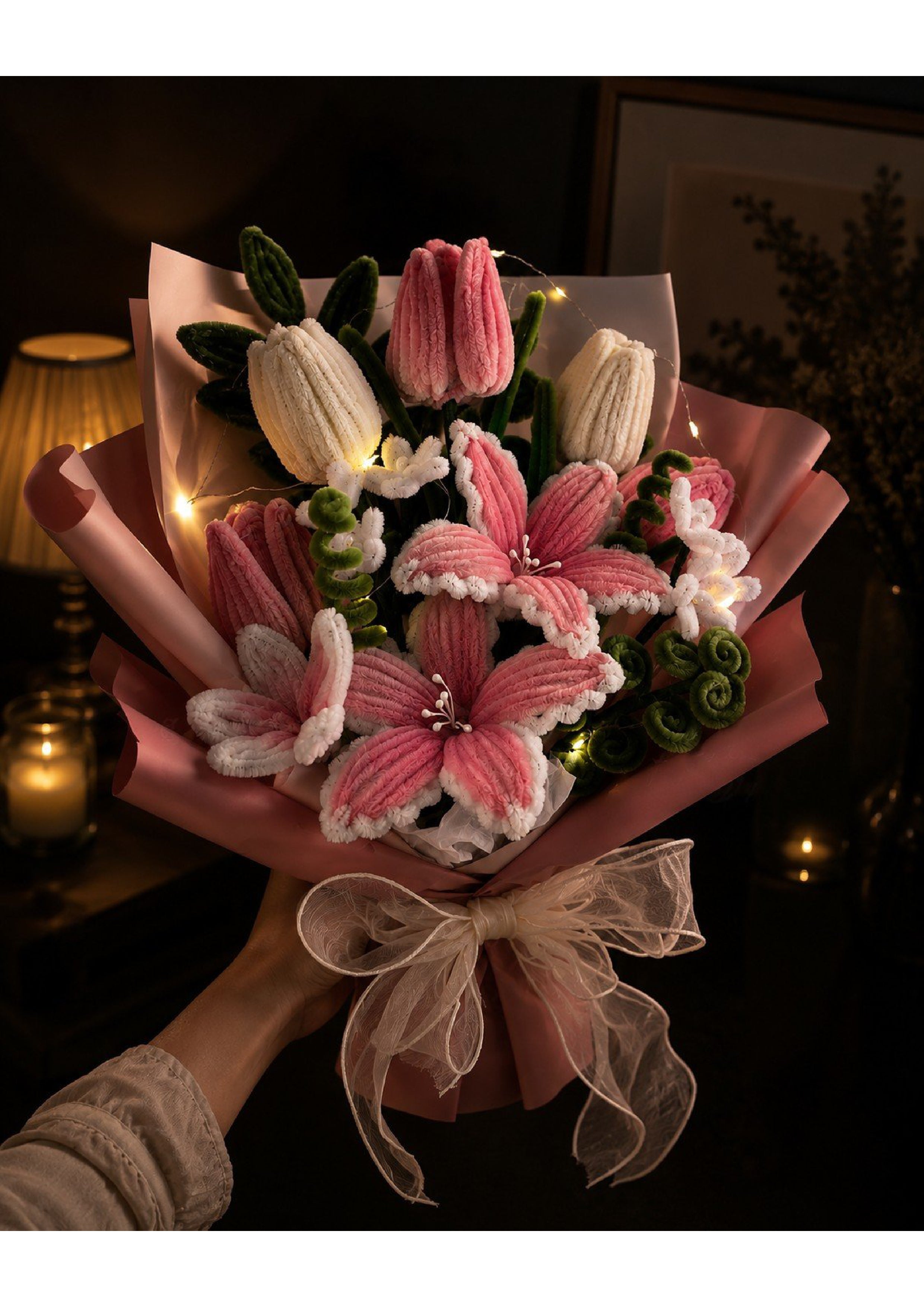 Handmade Pipe Cleaner Flower Bouquet | Artificial Pink Lily & Tulip Chenille Stem Arrangement | Unique Everlasting Gift