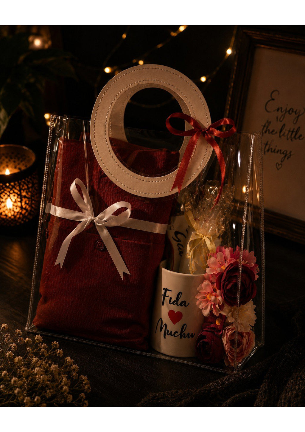 Personalized Couples Gift Hamper in Clear Tote Bag | Romantic Anniversary, Birthday & Wedding Gift Set with Ceramic Mug, Apparel & Flowers