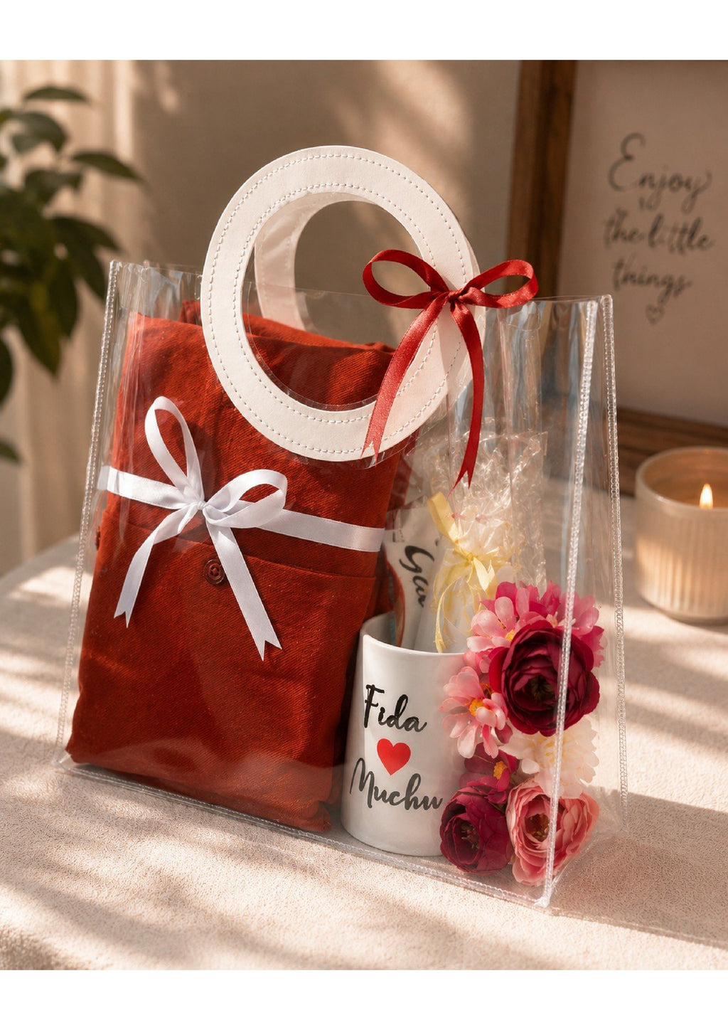 Personalized Couples Gift Hamper in Clear Tote Bag | Romantic Anniversary, Birthday & Wedding Gift Set with Ceramic Mug, Apparel & Flowers