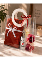 Personalized Couples Gift Hamper in Clear Tote Bag | Romantic Anniversary, Birthday & Wedding Gift Set with Ceramic Mug, Apparel & Flowers