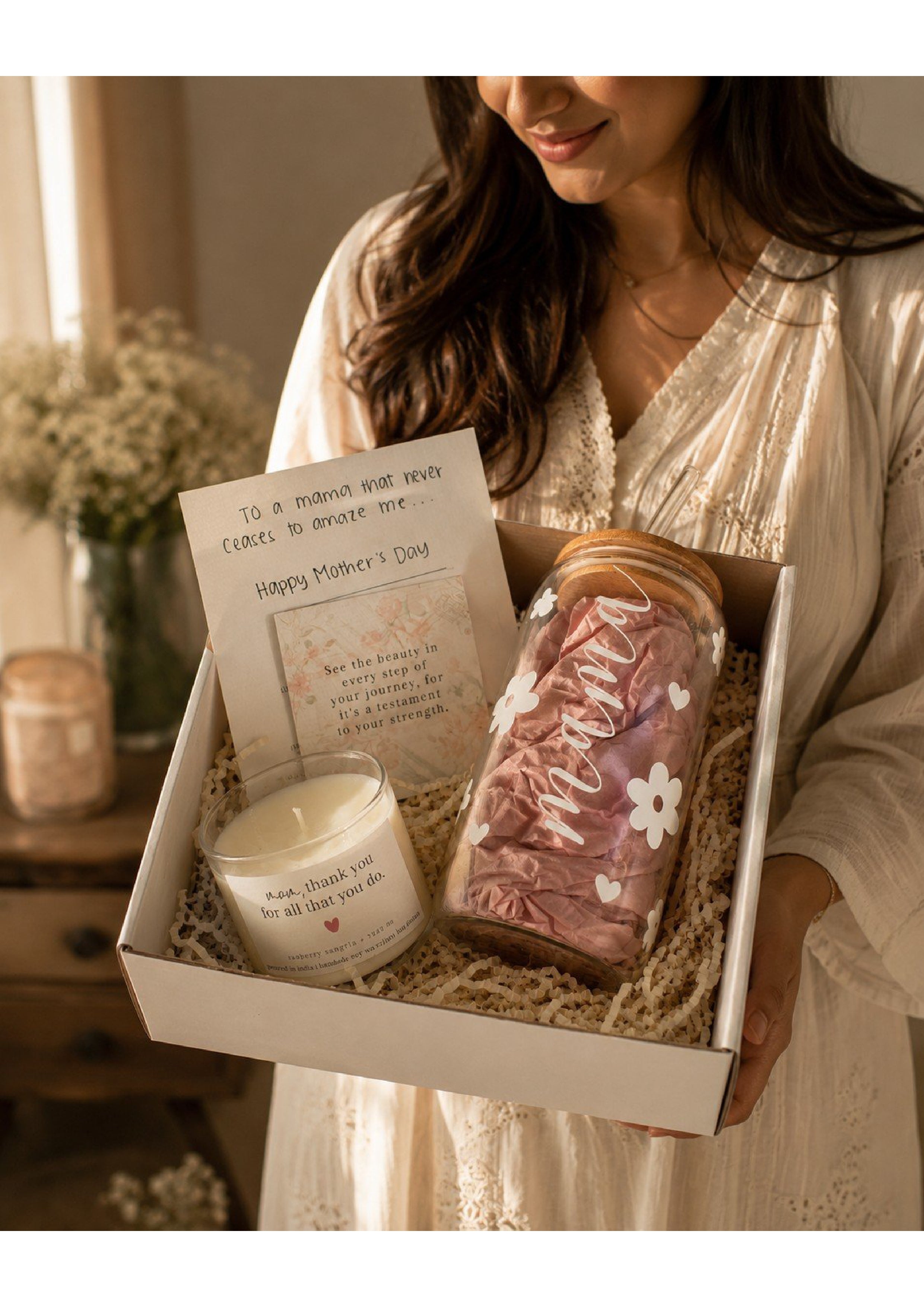 Luxury Mother’s Day Scented Candle & Glass Tumbler Gift Set | Aesthetic "Mama" Iced Coffee Glass with Bamboo Lid | Aromatherapy Wellness Hamper for Mom