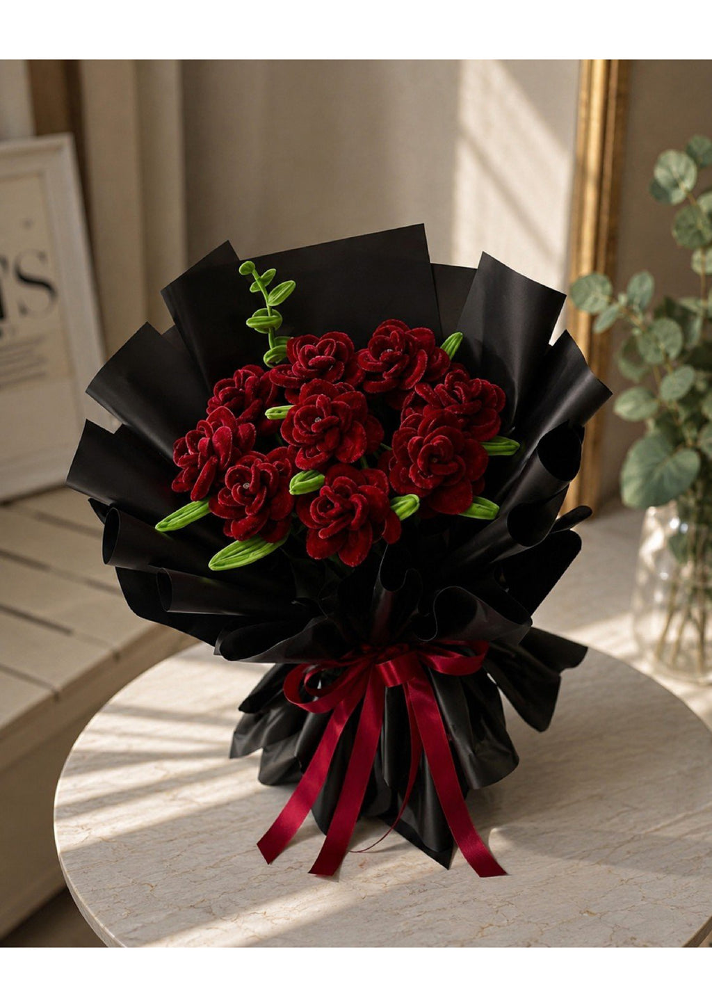Handcrafted Crimson Satin Ribbon Rose Bridal Bouquet with Black Pearl Tulle | Gothic Luxury Eternal Flower Arrangement for Weddings, Prom & Anniversary