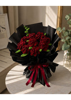 Handcrafted Crimson Satin Ribbon Rose Bridal Bouquet with Black Pearl Tulle | Gothic Luxury Eternal Flower Arrangement for Weddings, Prom & Anniversary