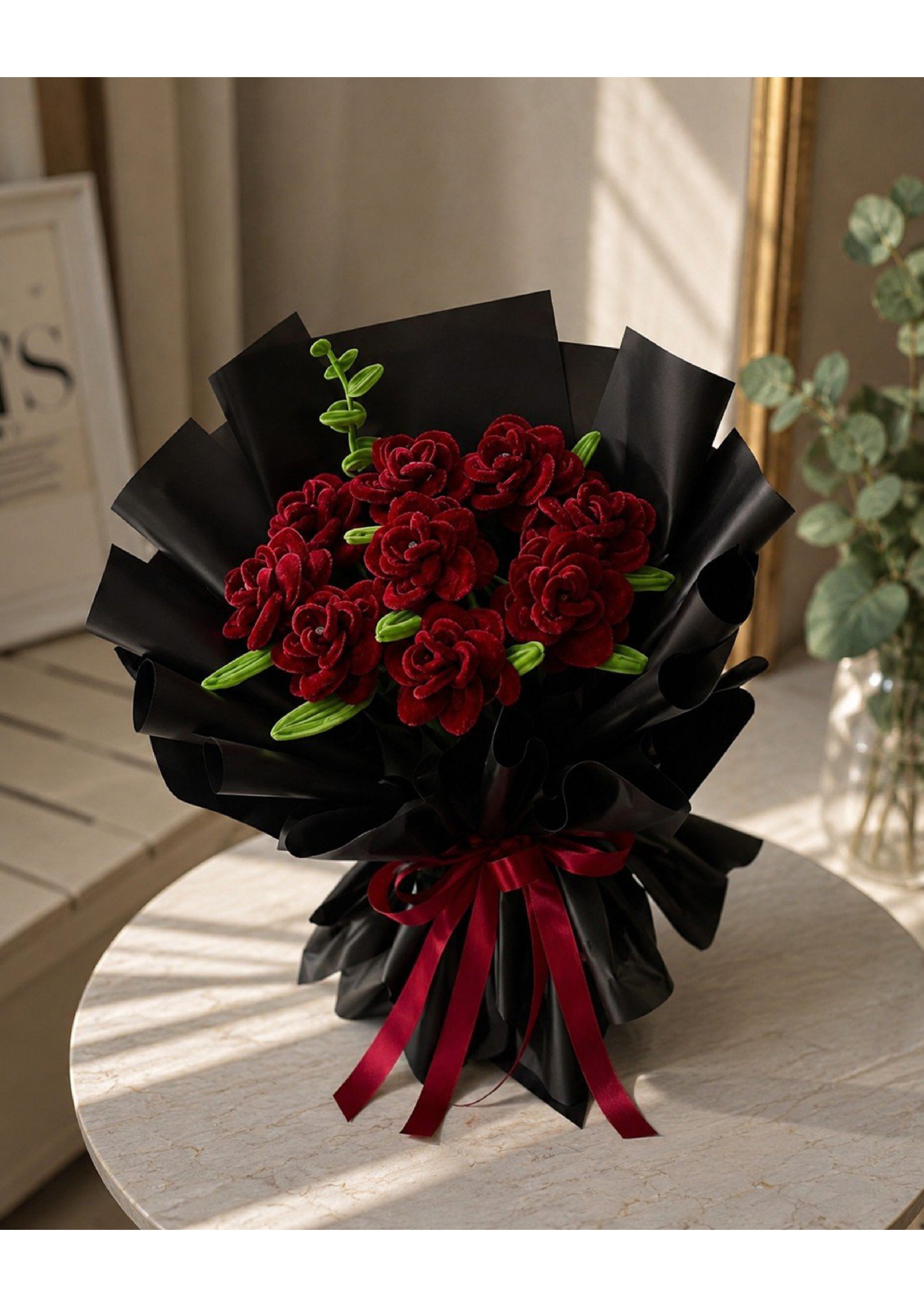 Handcrafted Crimson Satin Ribbon Rose Bridal Bouquet with Black Pearl Tulle | Gothic Luxury Eternal Flower Arrangement for Weddings, Prom & Anniversary