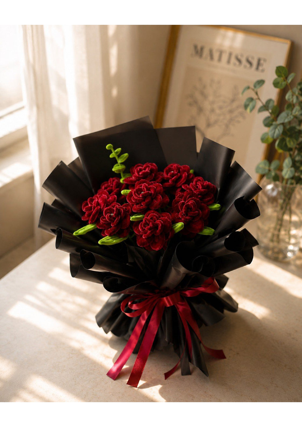 Handcrafted Crimson Satin Ribbon Rose Bridal Bouquet with Black Pearl Tulle | Gothic Luxury Eternal Flower Arrangement for Weddings, Prom & Anniversary