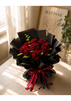 Handcrafted Crimson Satin Ribbon Rose Bridal Bouquet with Black Pearl Tulle | Gothic Luxury Eternal Flower Arrangement for Weddings, Prom & Anniversary