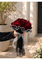 Handcrafted Crimson Satin Ribbon Rose Bridal Bouquet with Black Pearl Tulle | Gothic Luxury Eternal Flower Arrangement for Weddings, Prom & Anniversary