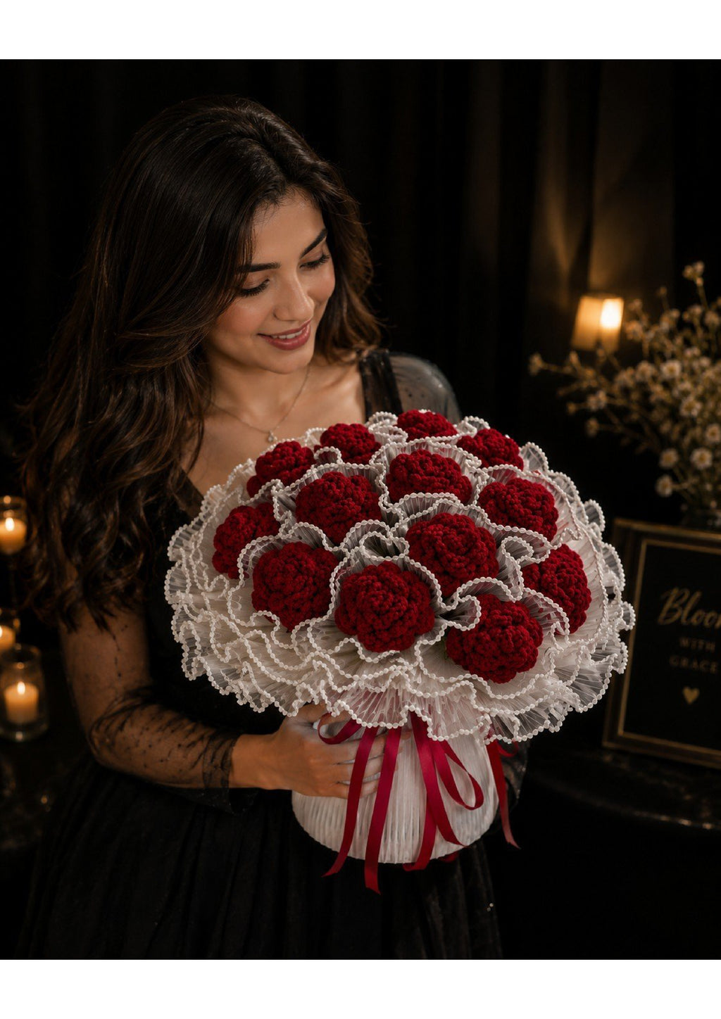 Handcrafted Crimson Red Crochet Carnation Bouquet with Scalloped Pearl Trim | Luxury Knit Eternal Flower Arrangement in Pleated White Tulle Skirt Wrapping