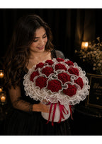 Handcrafted Crimson Red Crochet Carnation Bouquet with Scalloped Pearl Trim | Luxury Knit Eternal Flower Arrangement in Pleated White Tulle Skirt Wrapping