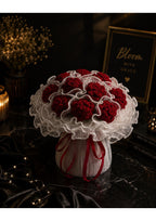 Handcrafted Crimson Red Crochet Carnation Bouquet with Scalloped Pearl Trim | Luxury Knit Eternal Flower Arrangement in Pleated White Tulle Skirt Wrapping