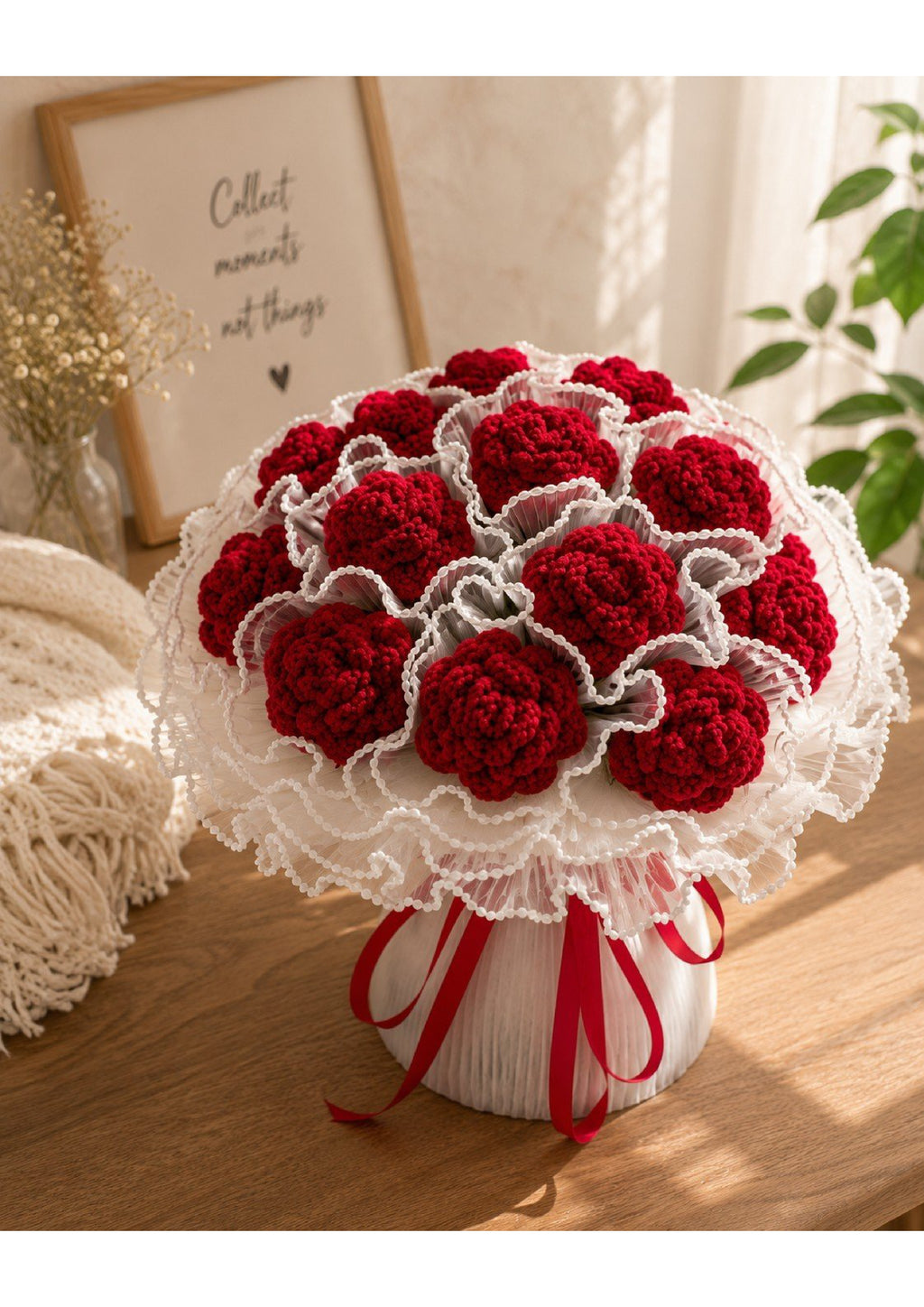 Handcrafted Crimson Red Crochet Carnation Bouquet with Scalloped Pearl Trim | Luxury Knit Eternal Flower Arrangement in Pleated White Tulle Skirt Wrapping
