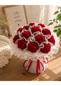 Handcrafted Crimson Red Crochet Carnation Bouquet with Scalloped Pearl Trim | Luxury Knit Eternal Flower Arrangement in Pleated White Tulle Skirt Wrapping