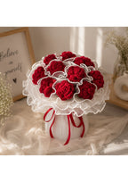 Handcrafted Crimson Red Crochet Carnation Bouquet with Scalloped Pearl Trim | Luxury Knit Eternal Flower Arrangement in Pleated White Tulle Skirt Wrapping