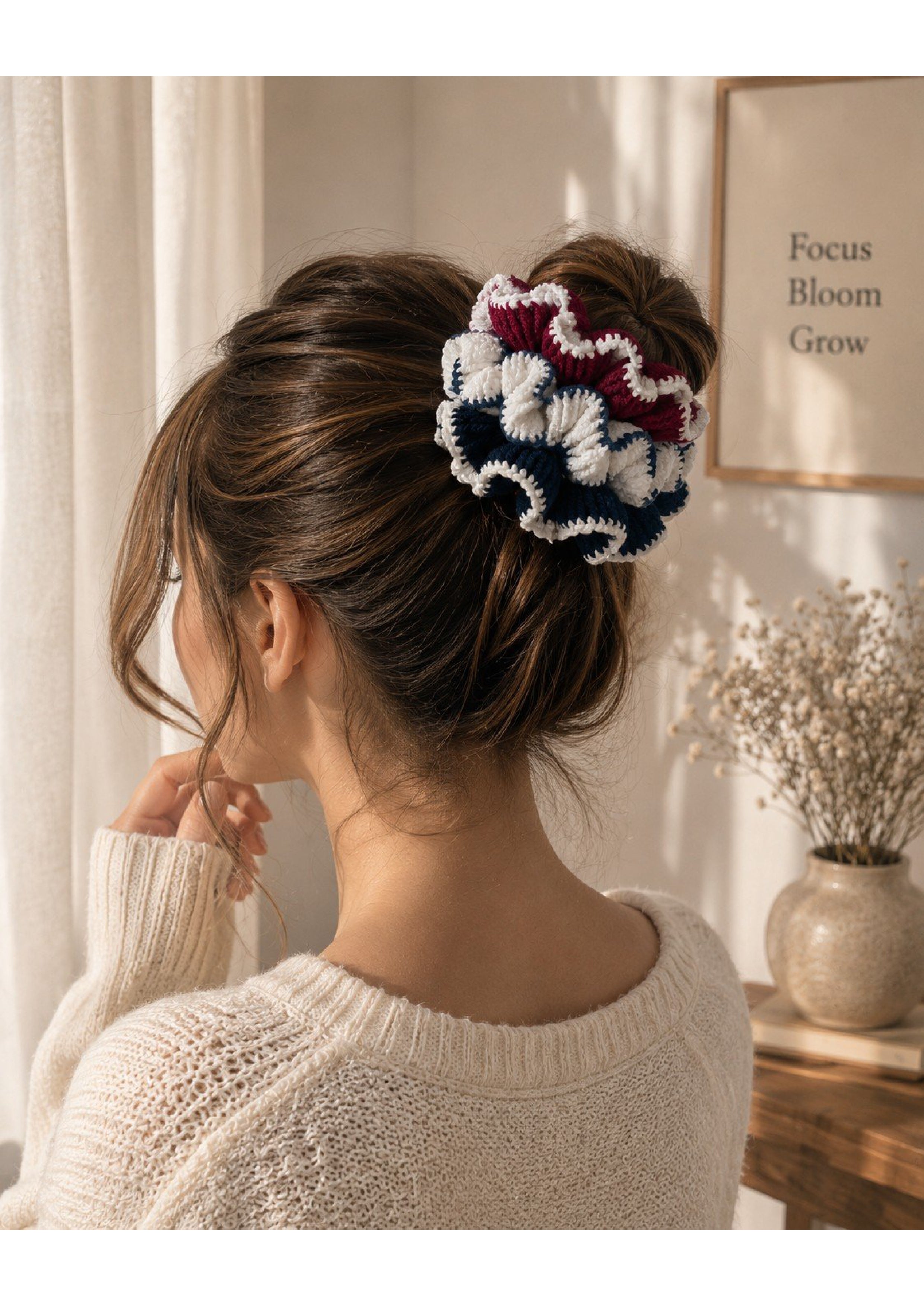 Handmade Crochet Hair Scrunchies Set – Ruffled Knit Cotton Elastic Hair Ties