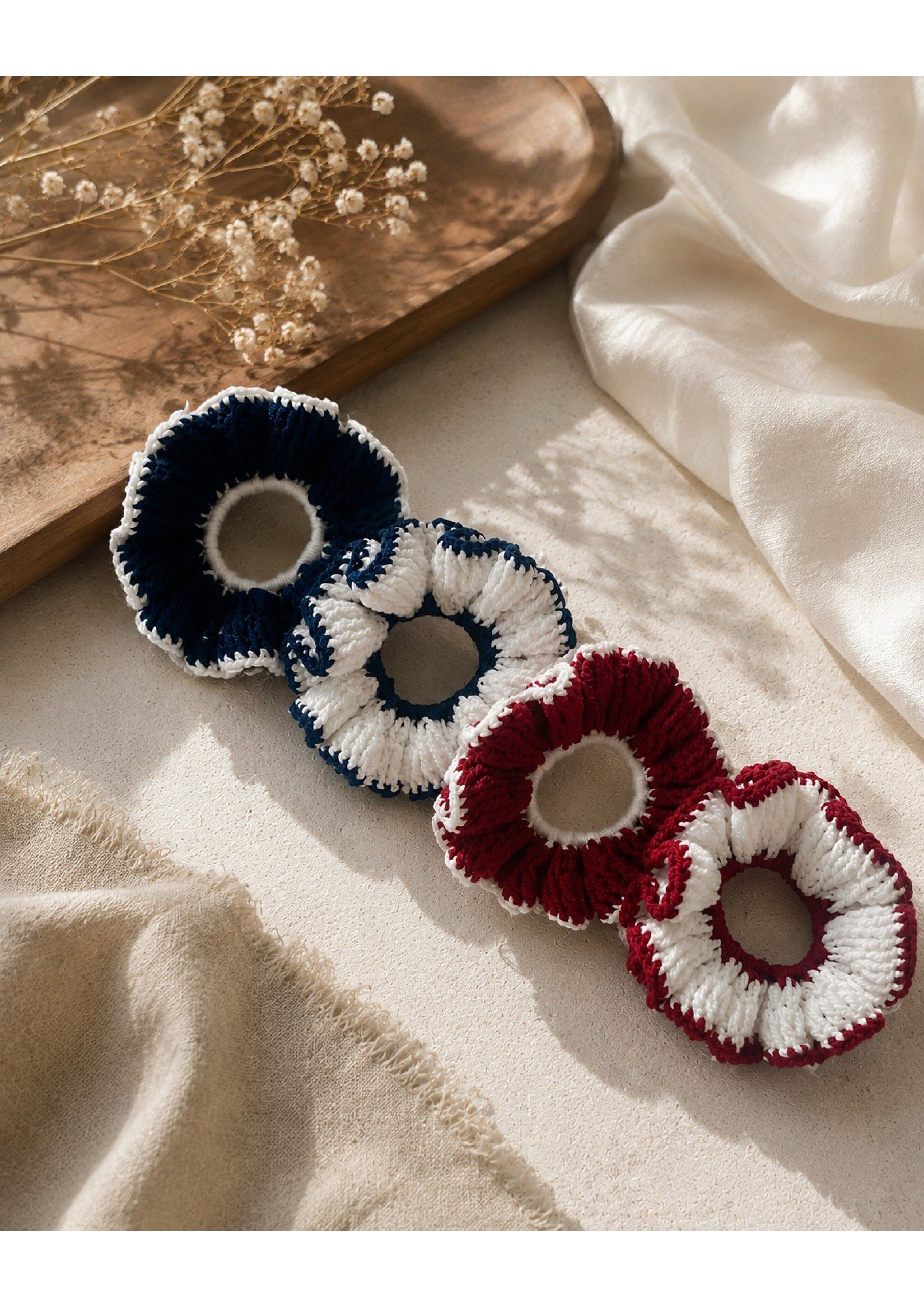 Handmade Crochet Hair Scrunchies Set – Ruffled Knit Cotton Elastic Hair Ties