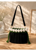 Handmade Knit Shoulder Bag – White Rosebud Trim Crochet Drawstring Purse