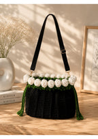 Handmade Knit Shoulder Bag – White Rosebud Trim Crochet Drawstring Purse