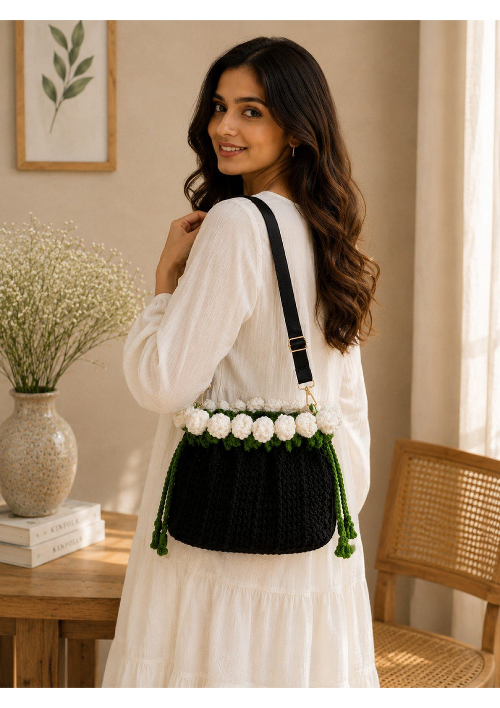 Handmade Knit Shoulder Bag – White Rosebud Trim Crochet Drawstring Purse